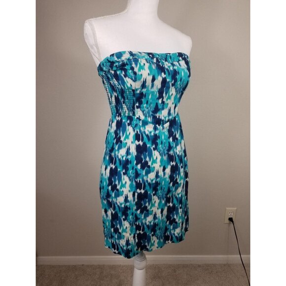 Free People Strapless Blue & Teal Abstract Print Mini Dress With Smocked Back - Picture 6 of 11